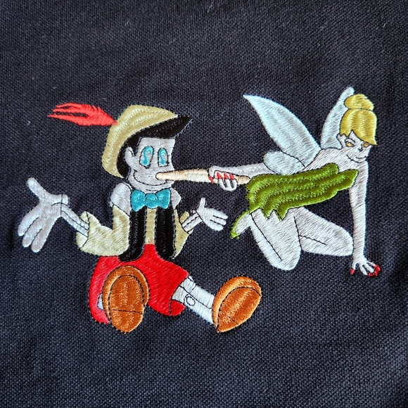 Saints & Sinners Pinocchio Tinker Bell Embroidered Black Striped Larg Polo Shirt - Picture 3 of 8